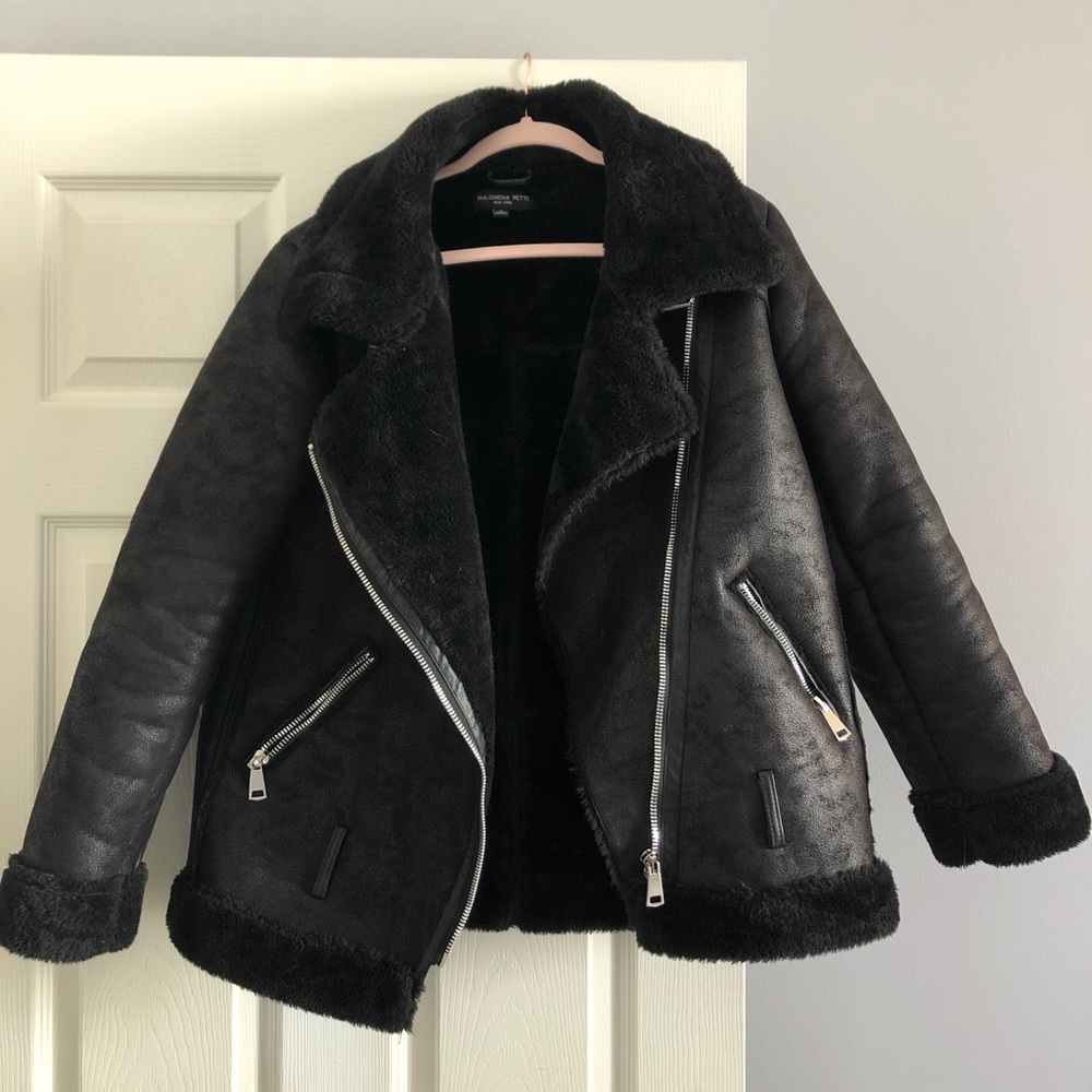 Black faux fur Moto coat